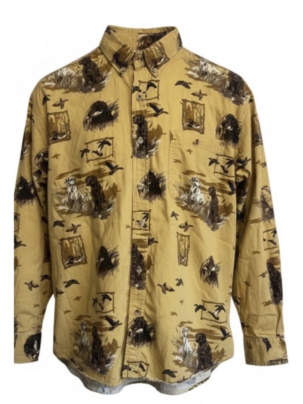 Vintage 90’s Outdoor Life Hunting Shirt Duck Dog Print Button Up L Mallard/Camo